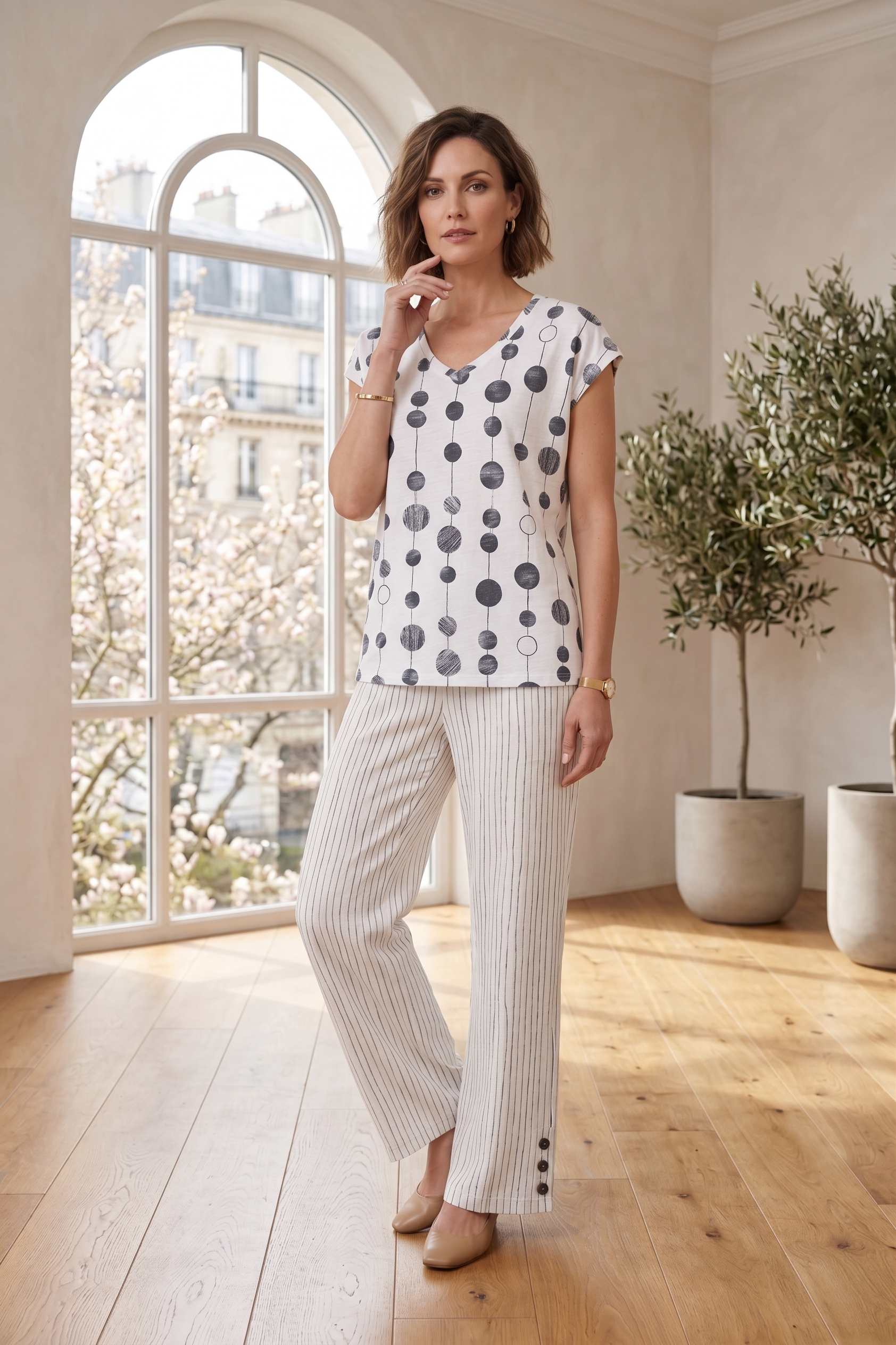 #1702 Dotted Print Cap Slv. Top - 100% Cotton Slub Jersey