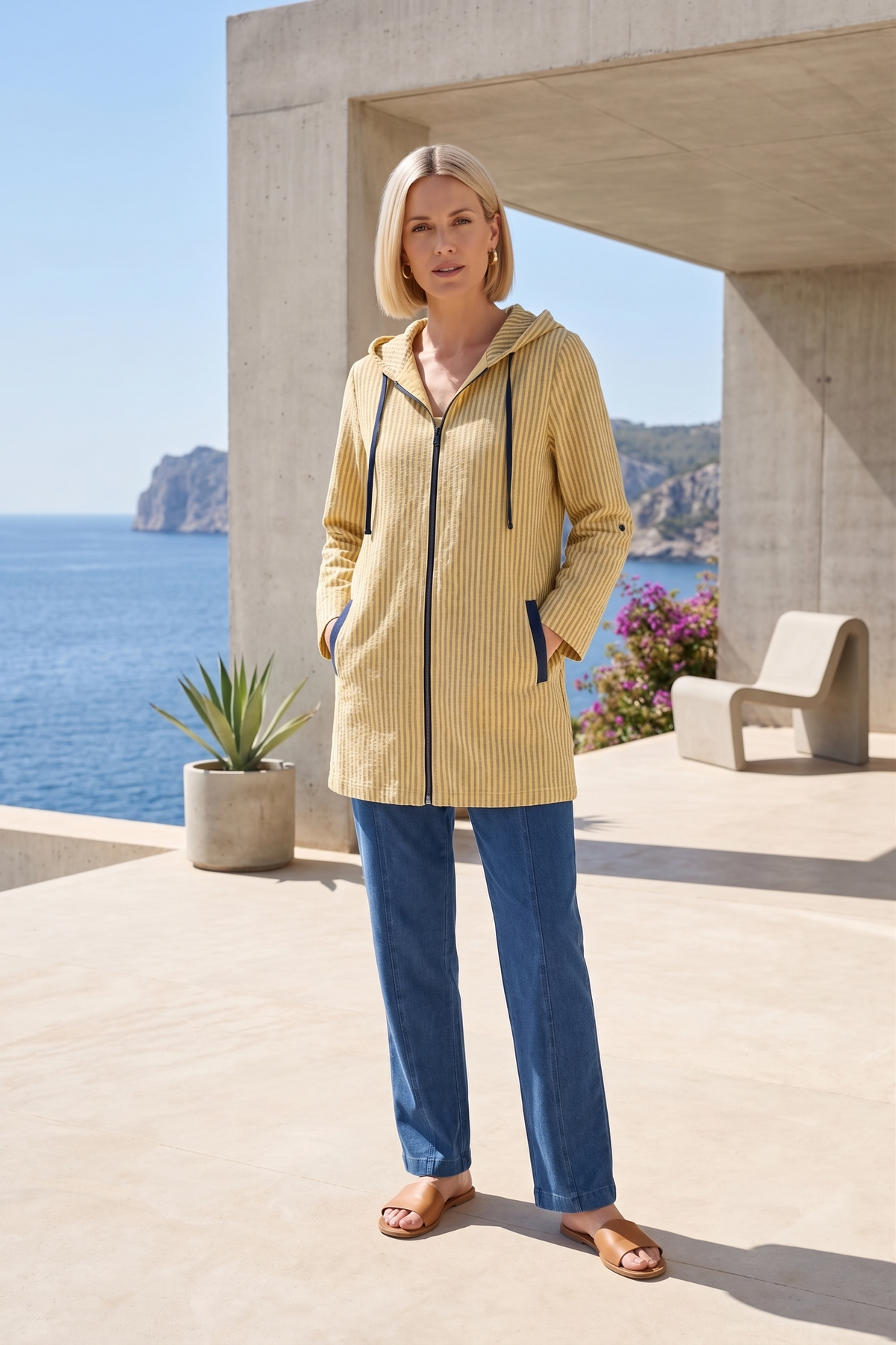 #8301 | Women's 3/4 Sleeve Mixed Stripe Zip-Up Jacket – 100% Cotton Slub French Terry