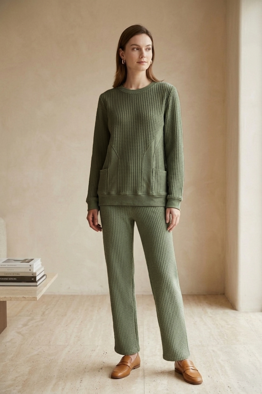 Waffle Knit Long Sleeve Crew Neck Top with Pockets - Style #W03