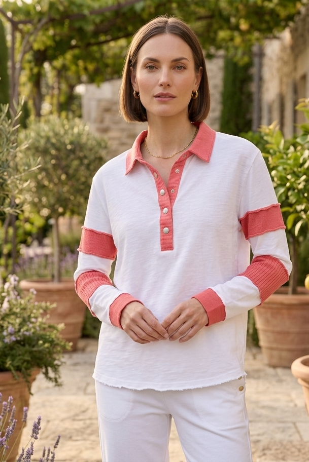 FT02 | Bracelet Sleeve Raw Edge Stripe Patchwork Henley Pullover