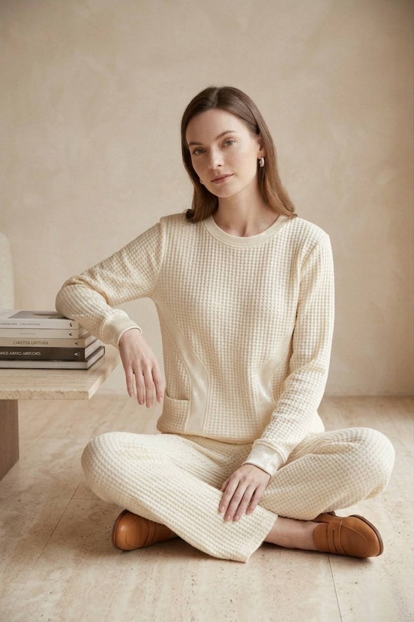 Waffle Knit Long Sleeve Crew Neck Top with Pockets - Style #W03