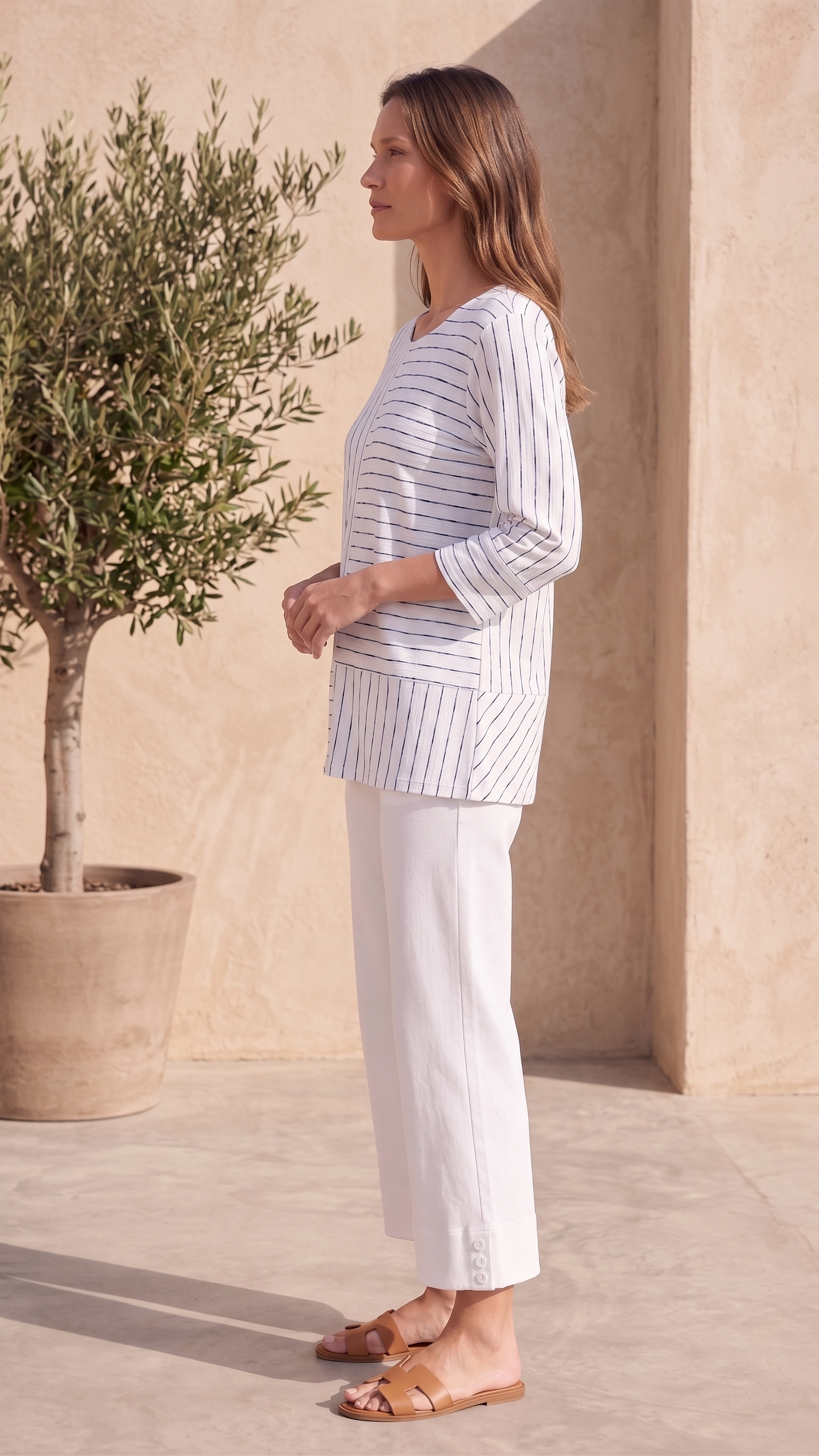 Style #1714-Wild Palms Wholesale Women's 100% Cotton ¾ Sleeve Thin Stripe Top