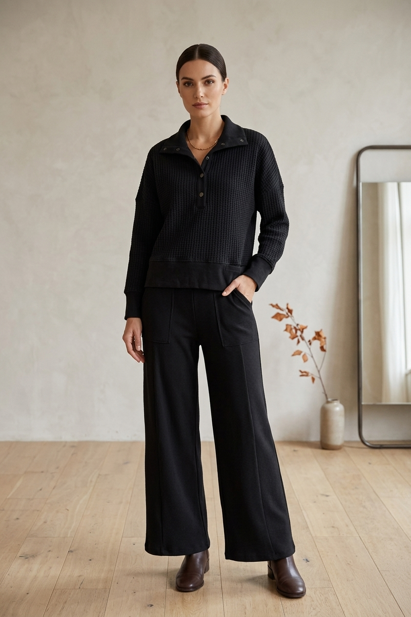 Waffle Knit Bracelet Sleeve Placket Top - Style #W05