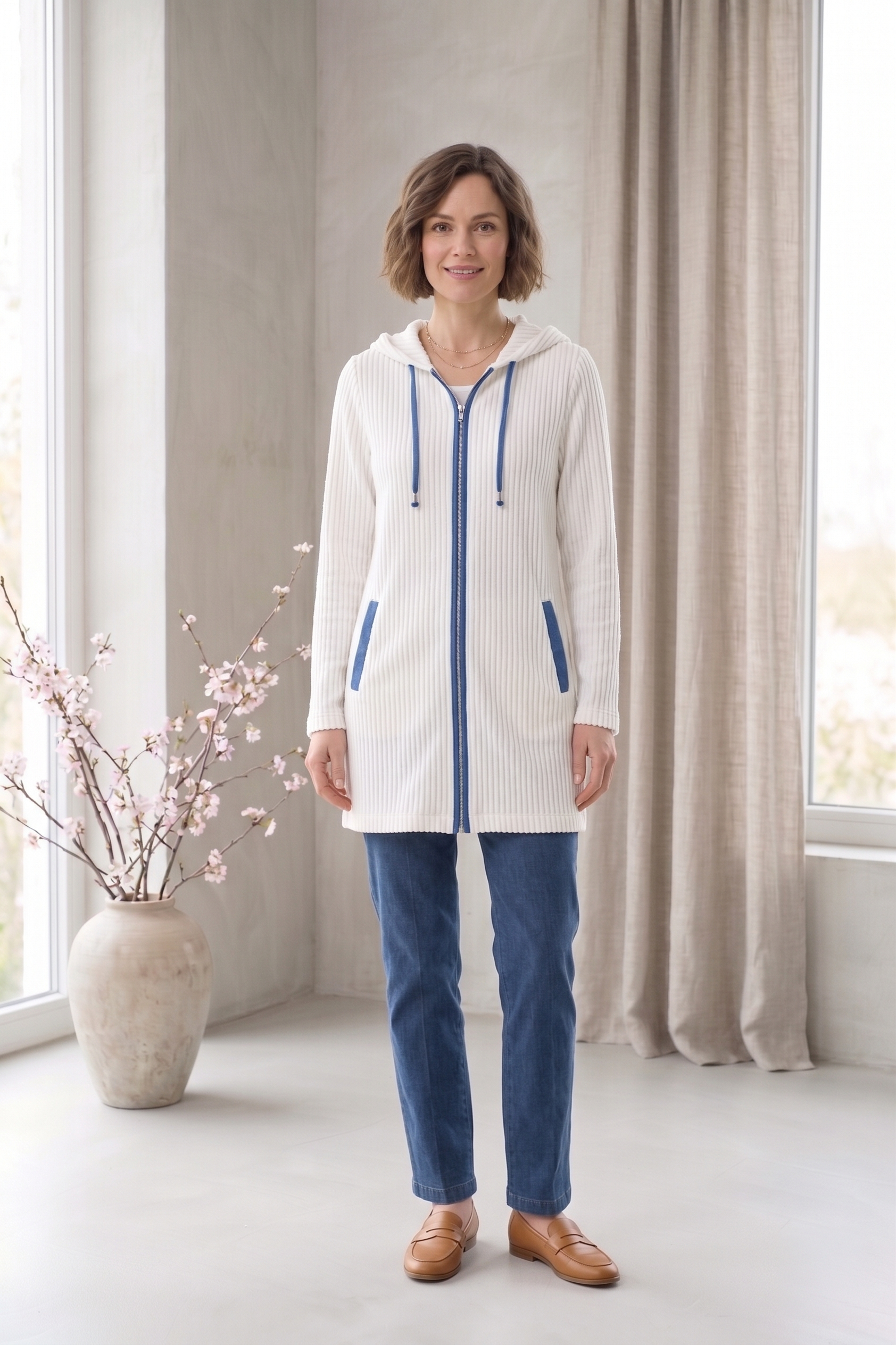 #8301 | Women's 3/4 Sleeve Mixed Stripe Zip-Up Jacket – 100% Cotton Slub French Terry