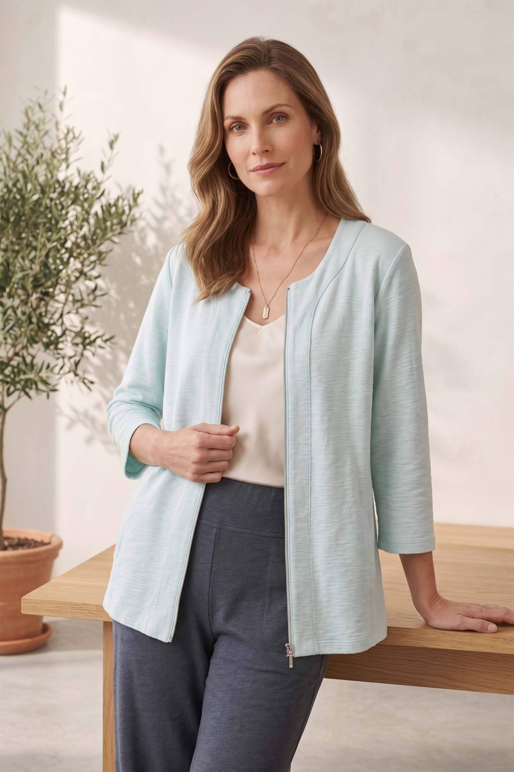Style #8371|Wholesale 100% Cotton Slub French Terry ¾ Sleeve Summer Zip Jacket - Multiple Colors
