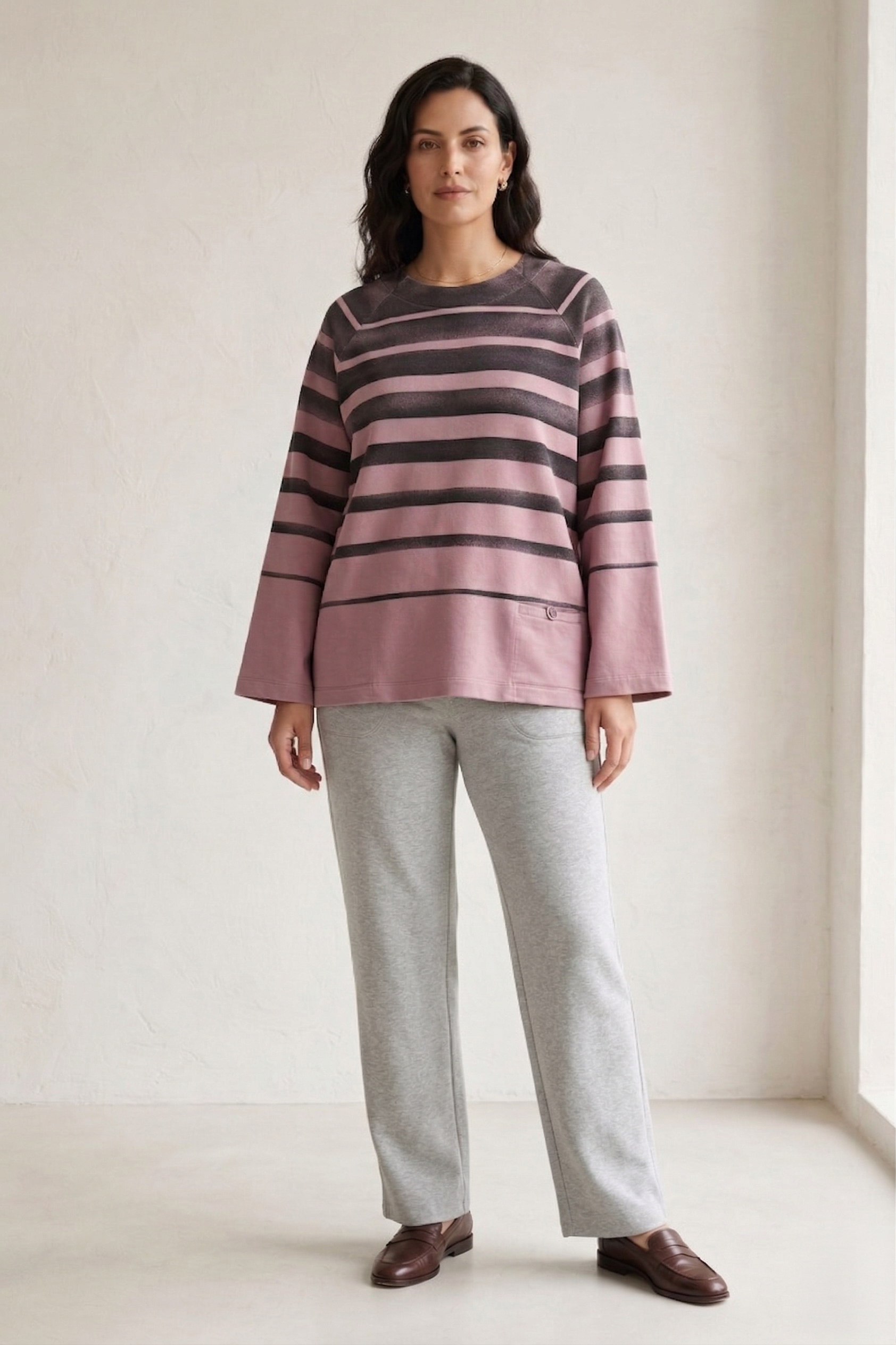 #7767 Women’s Long Sleeve Striped Top | Premium Stretch French Terry with Tab Pocket
