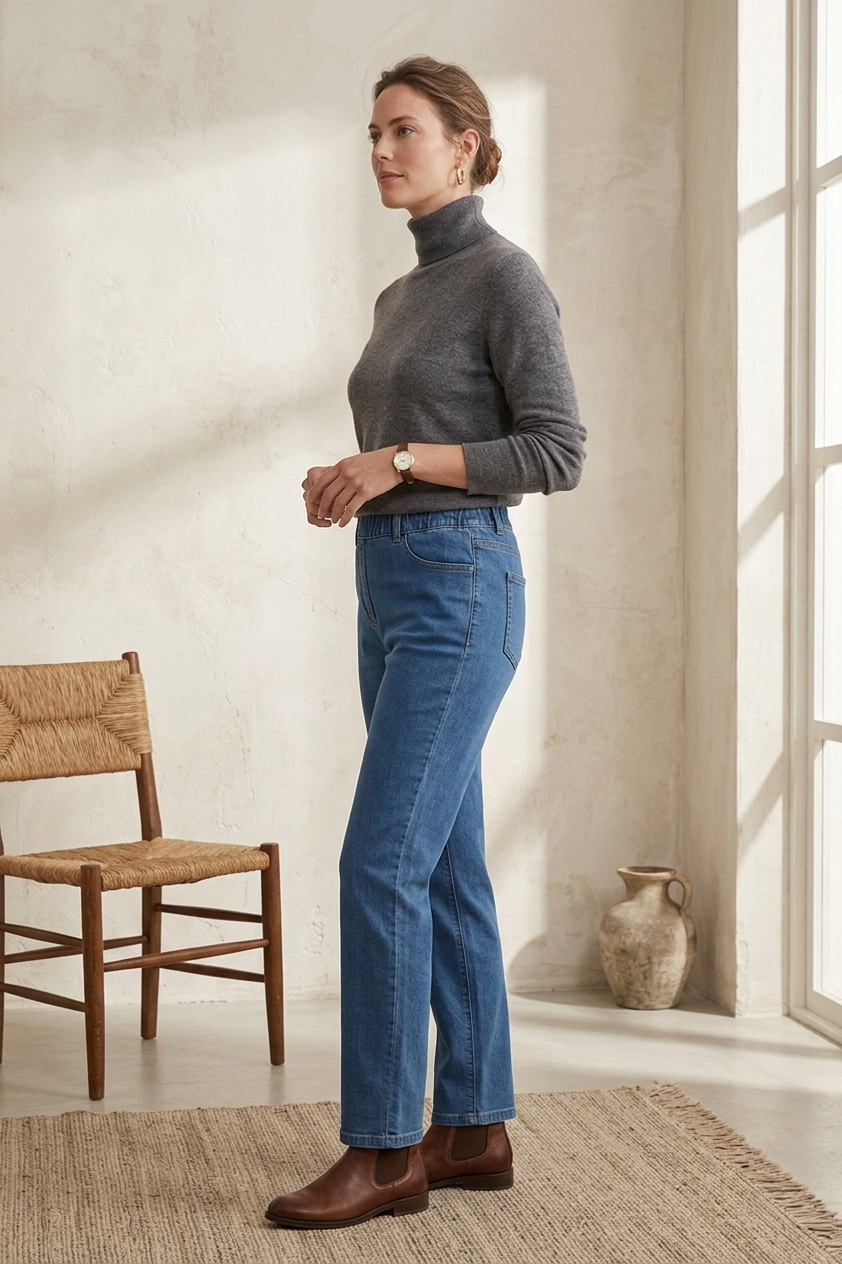 D55 Premium Stretch Denim Pull-On Pants | Minimalist "Little Luxe" Style