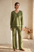 Waffle Knit Long Sleeve V-Neck Top with Contrast Stitching – #W02