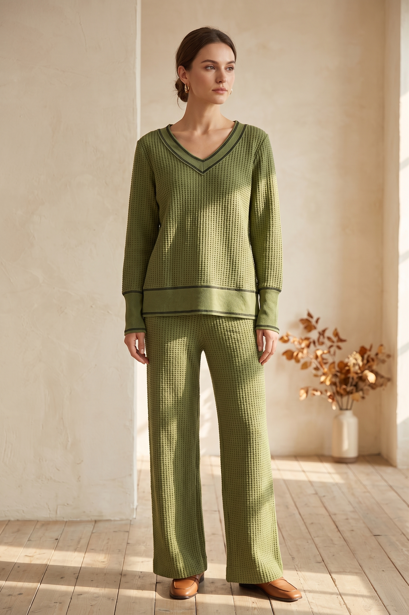 Waffle Knit Long Sleeve V-Neck Top with Contrast Stitching – #W02