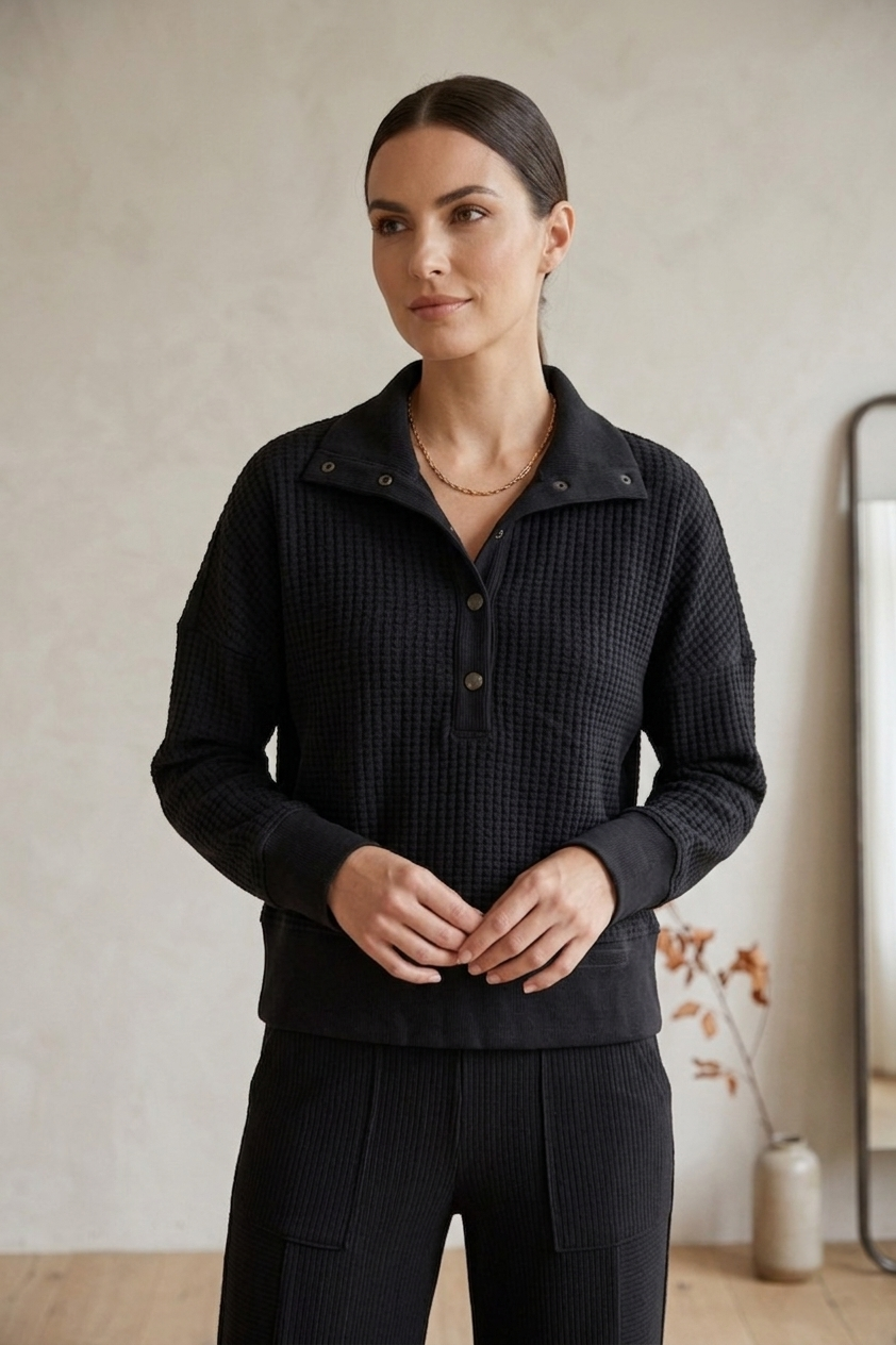 Waffle Knit Bracelet Sleeve Placket Top - Style #W05