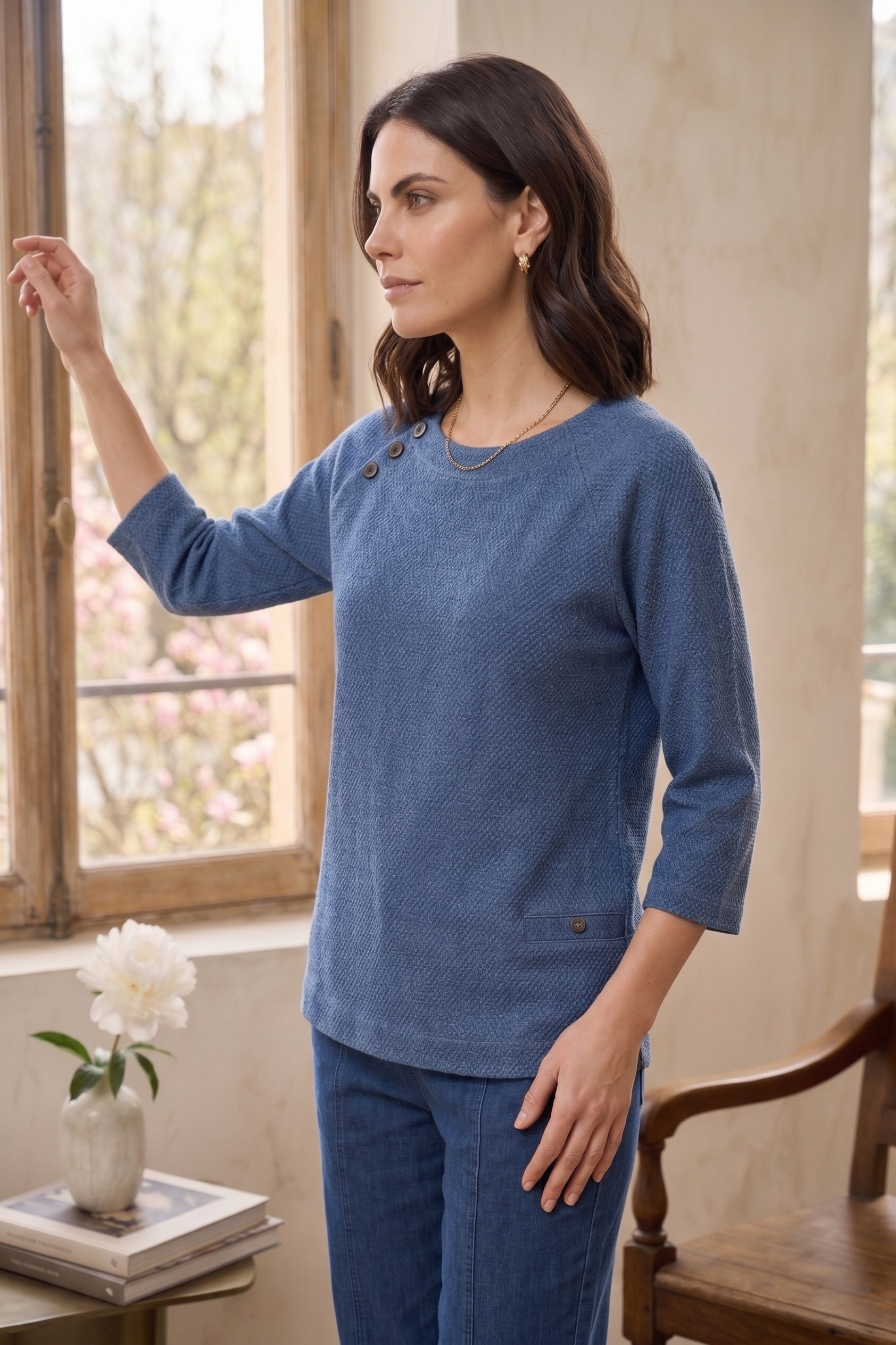 Style #8303: Women's Textured Knit ¾ Sleeve Button Scoop Neck Top