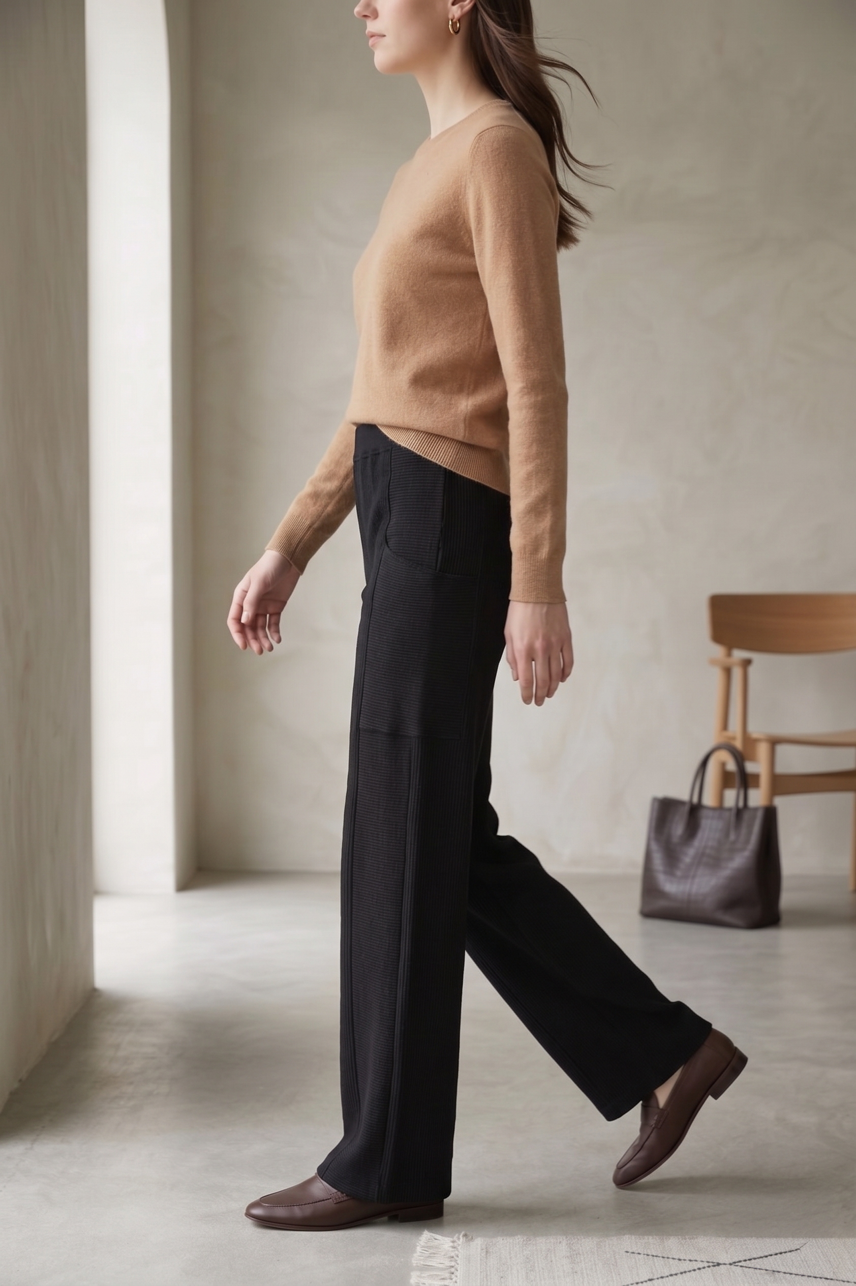 W07 | Luxe Rib-Panel Wide-Leg Waffle Knit Pants