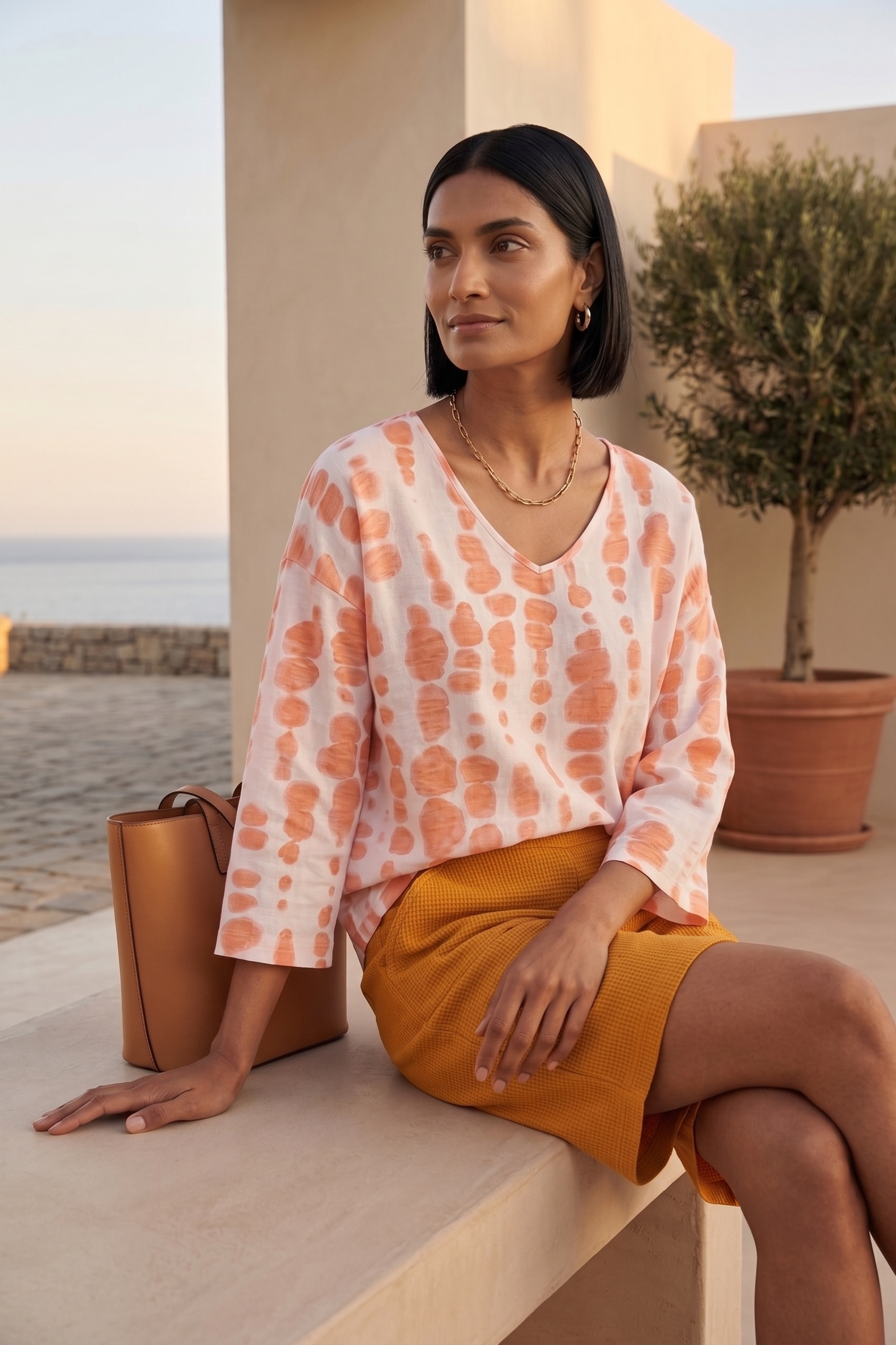 Style #1713 Wild Palms Wholesale Women's 100% Cotton ¾ Sleeve Abstract Dot Top