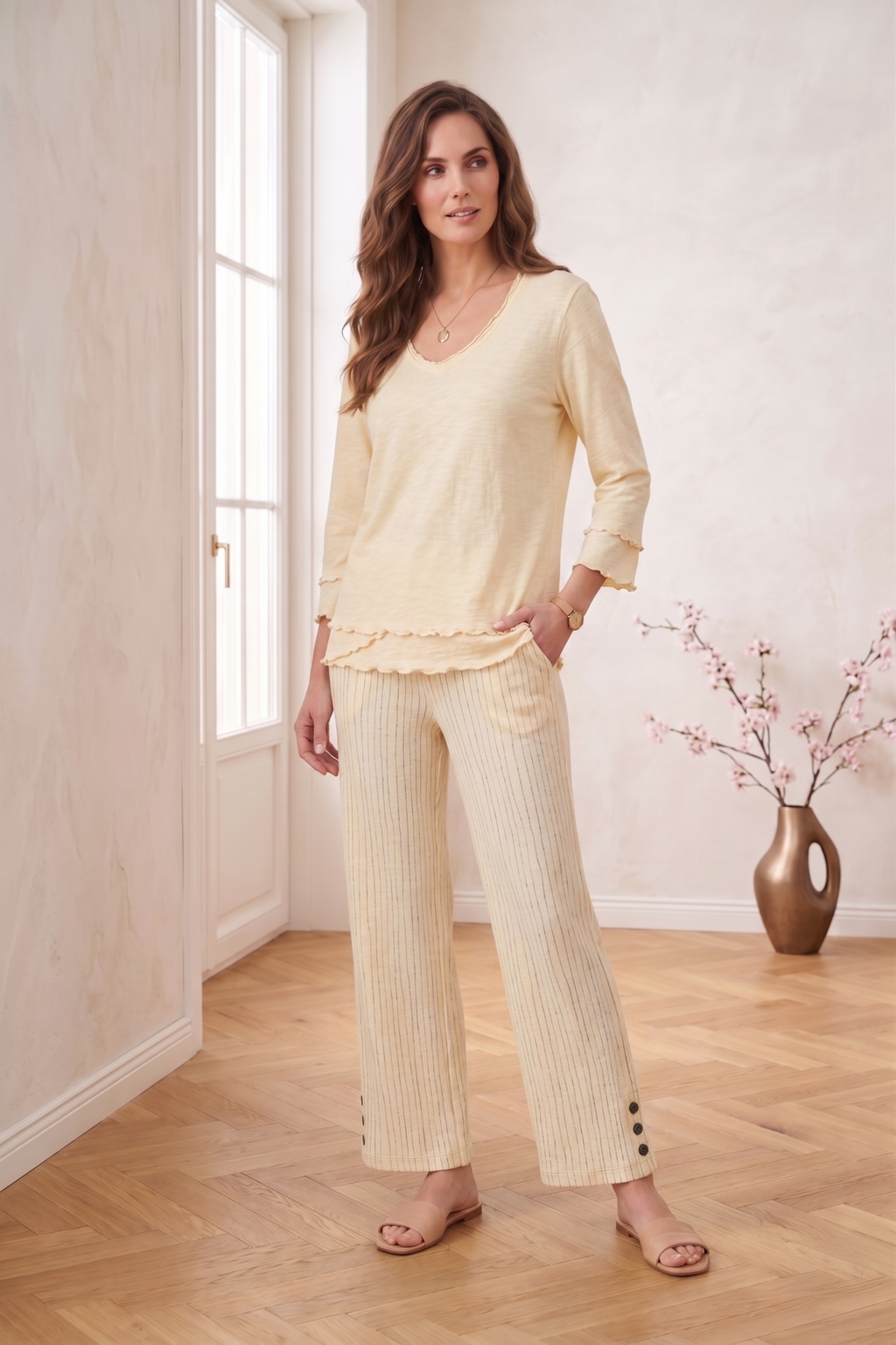 Wholesale Style #5751: Thin Stripe Side Button Capri - 100% Cotton Slub French Terry