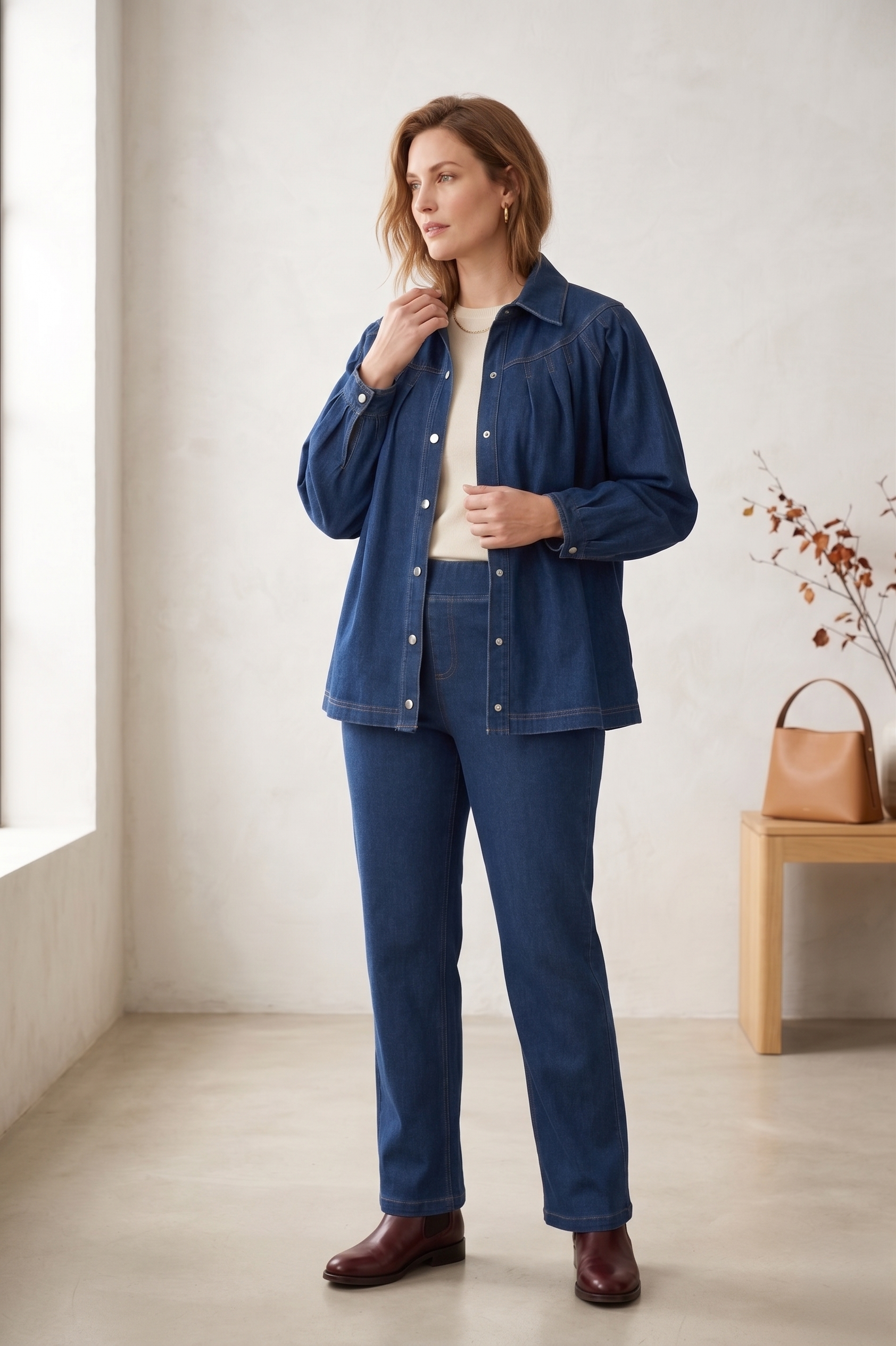 #D43 Women’s Pleated Yoke Stretch Denim Jacket