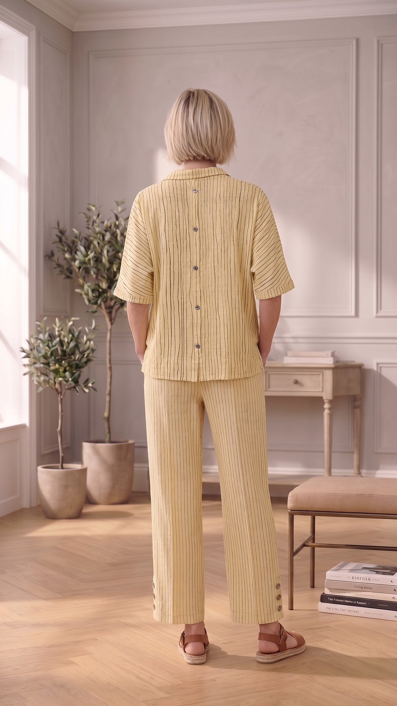 #1703 | 100% Cotton Slub Jersey Elbow Sleeve Thin Stripe Shirt