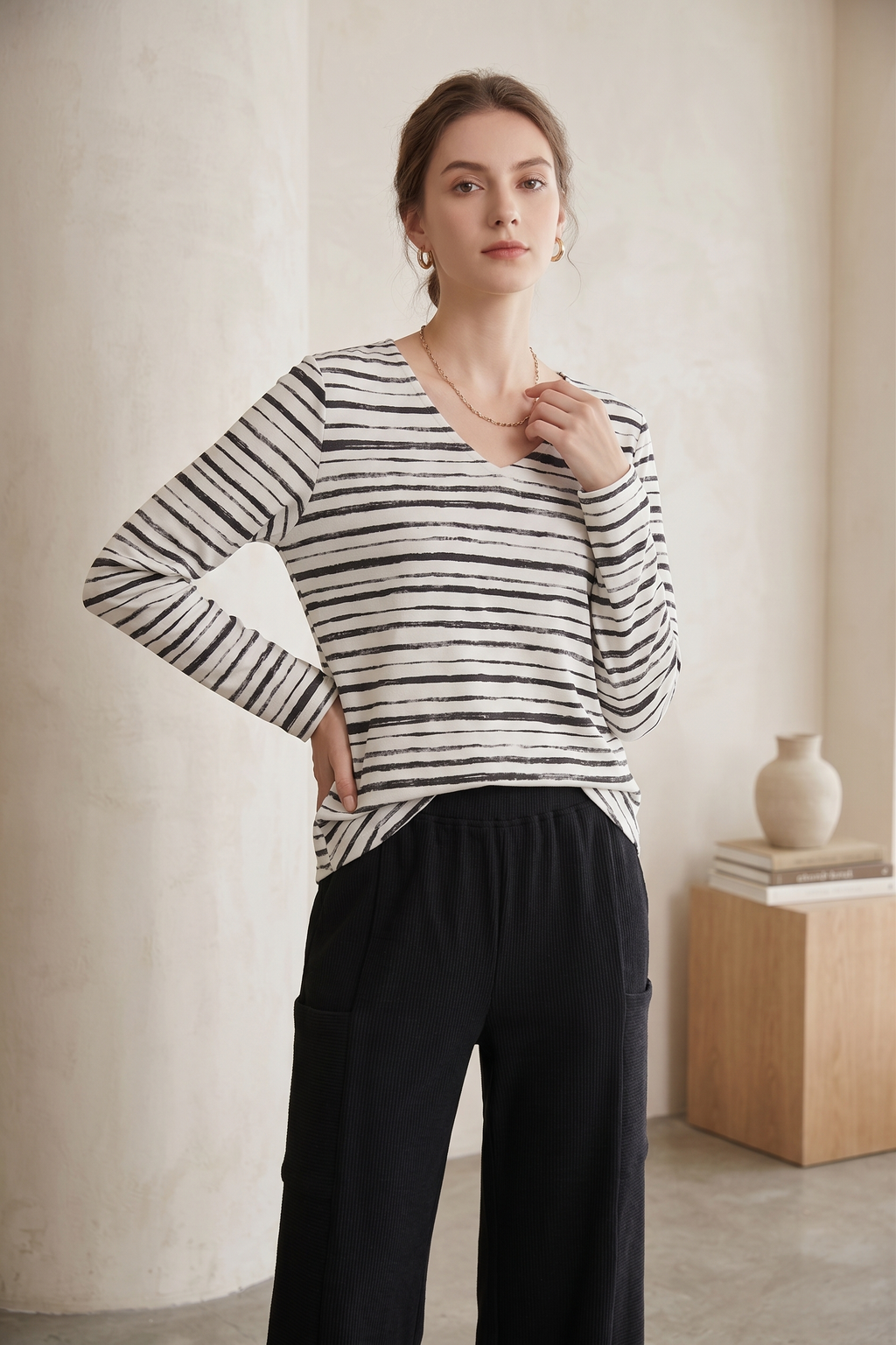 Women's Long Sleeve Striped Cotton Jersey Top (#D32)