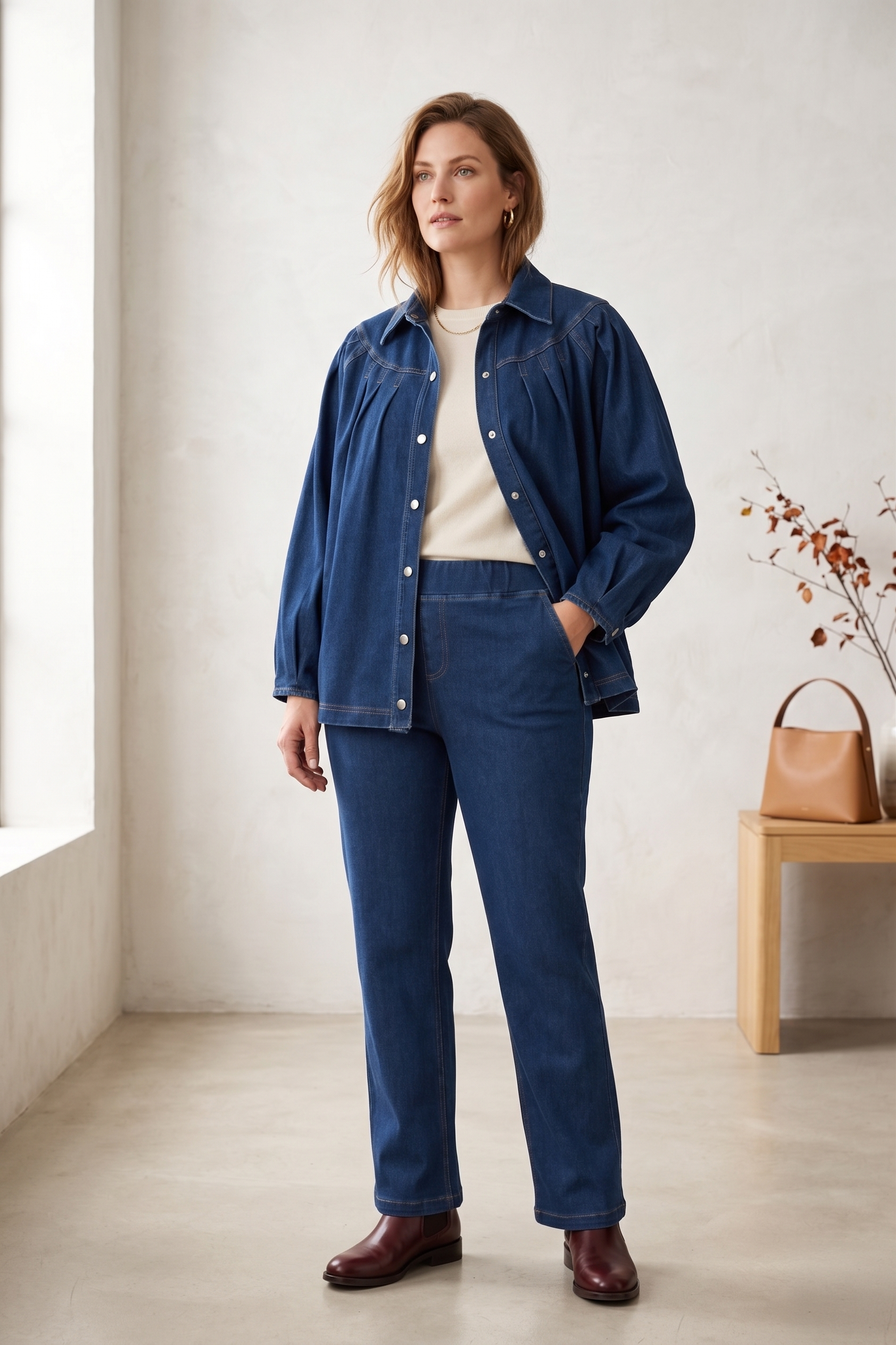 #D43 Women’s Pleated Yoke Stretch Denim Jacket