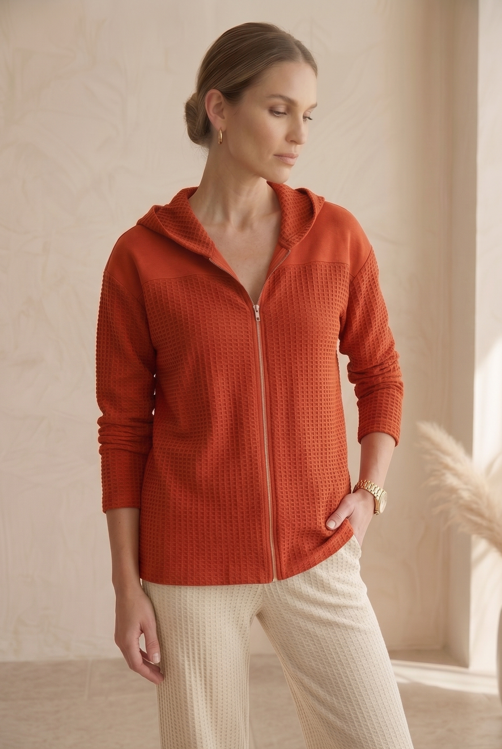Waffle Knit Long Sleeve Drop Shoulder Zip Hoodie (#W01) — Wholesale