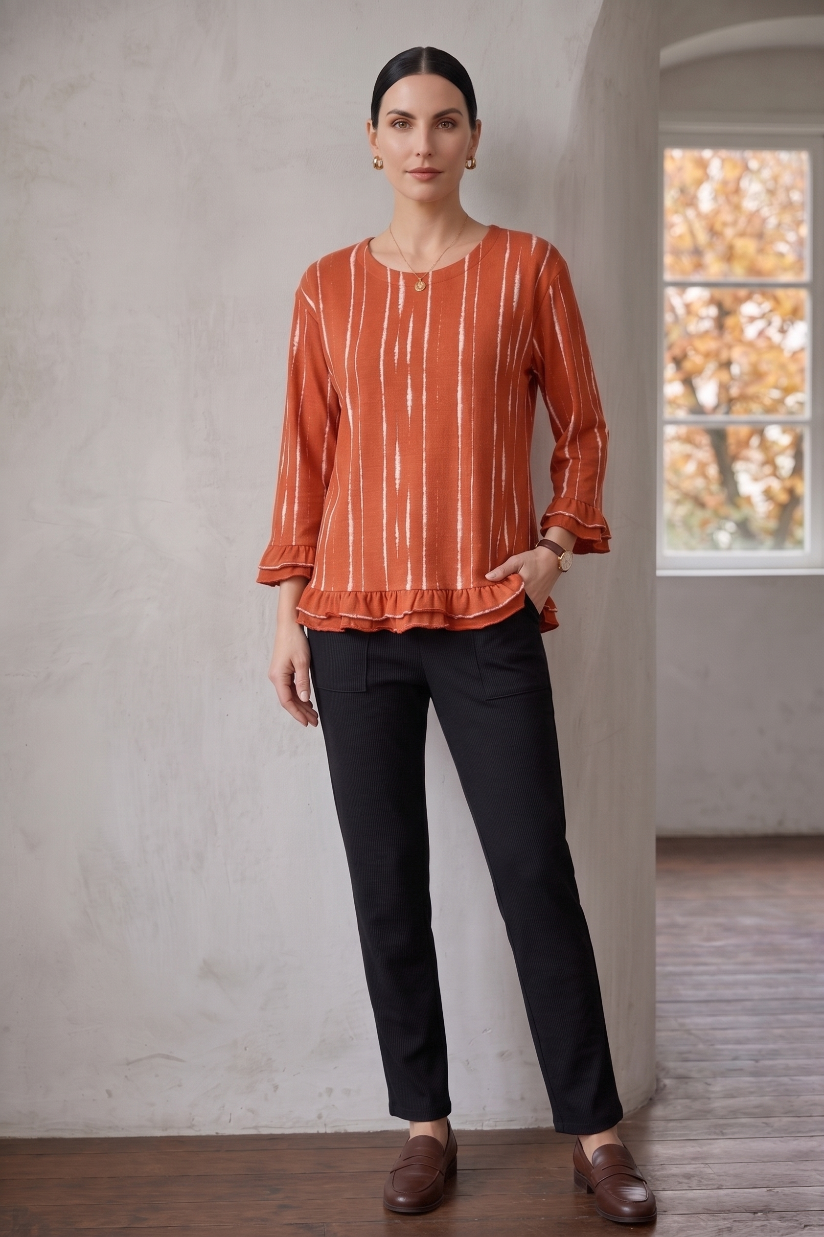 D50 Ruffle Sleeve Distress Stripe Tunic | Premium Cotton Jersey