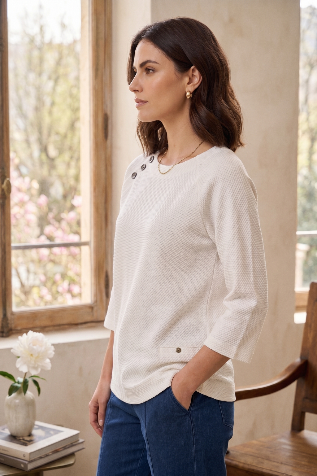 Style #8303: Women's Textured Knit ¾ Sleeve Button Scoop Neck Top