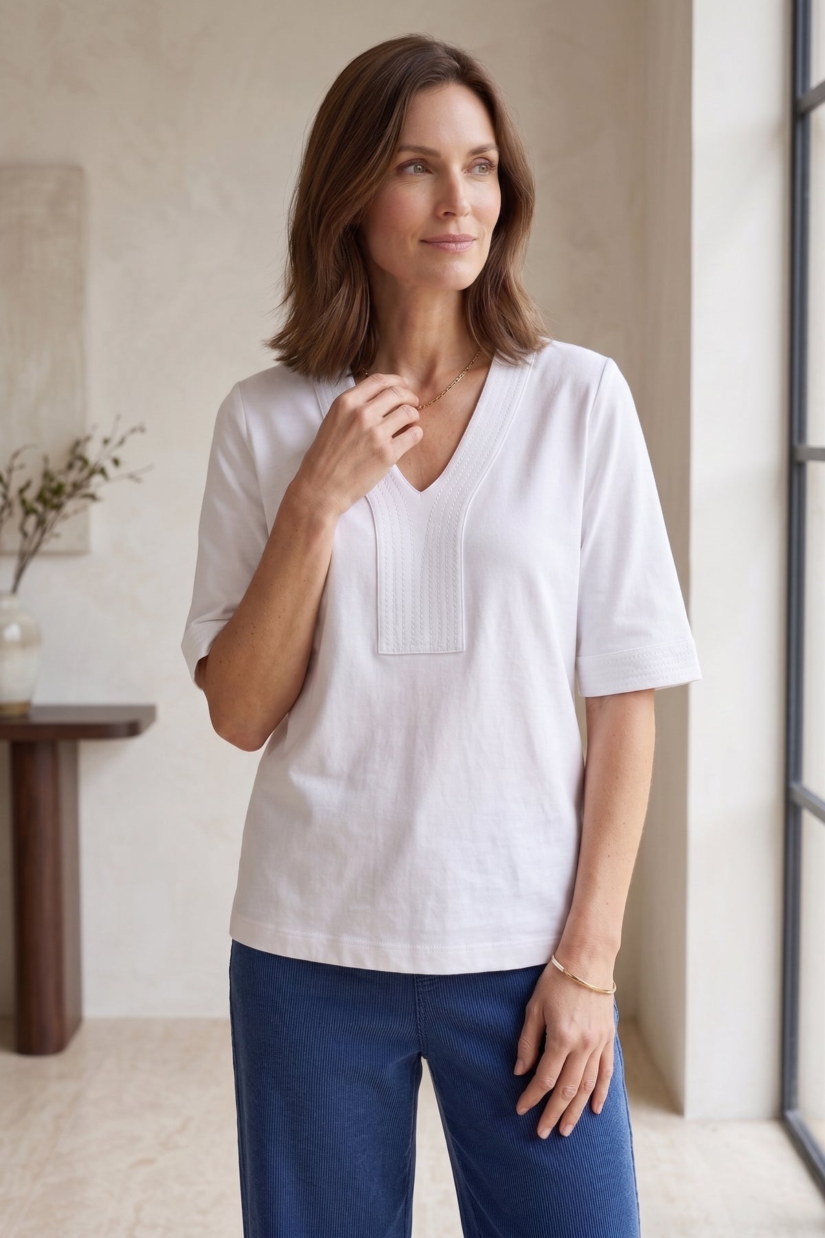 #JS45 Elbow Slv. V-Neck Placket Detail Top