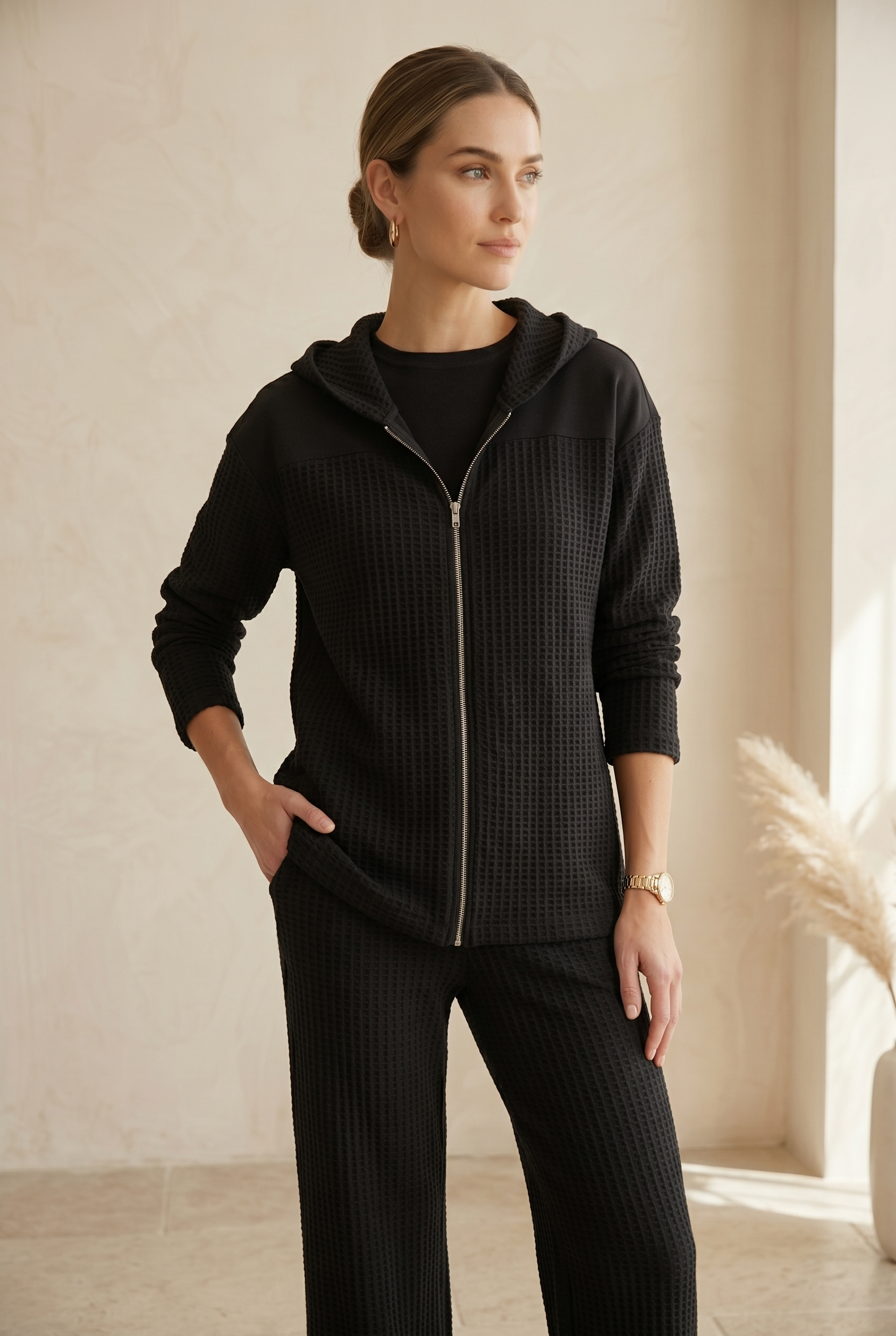 Waffle Knit Long Sleeve Drop Shoulder Zip Hoodie (#W01) — Wholesale