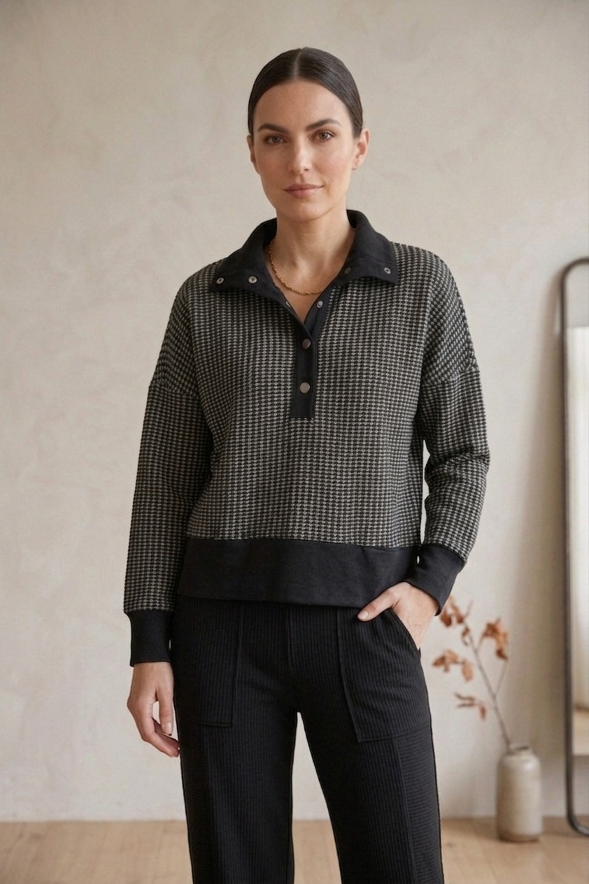 Waffle Knit Bracelet Sleeve Placket Top - Style #W05