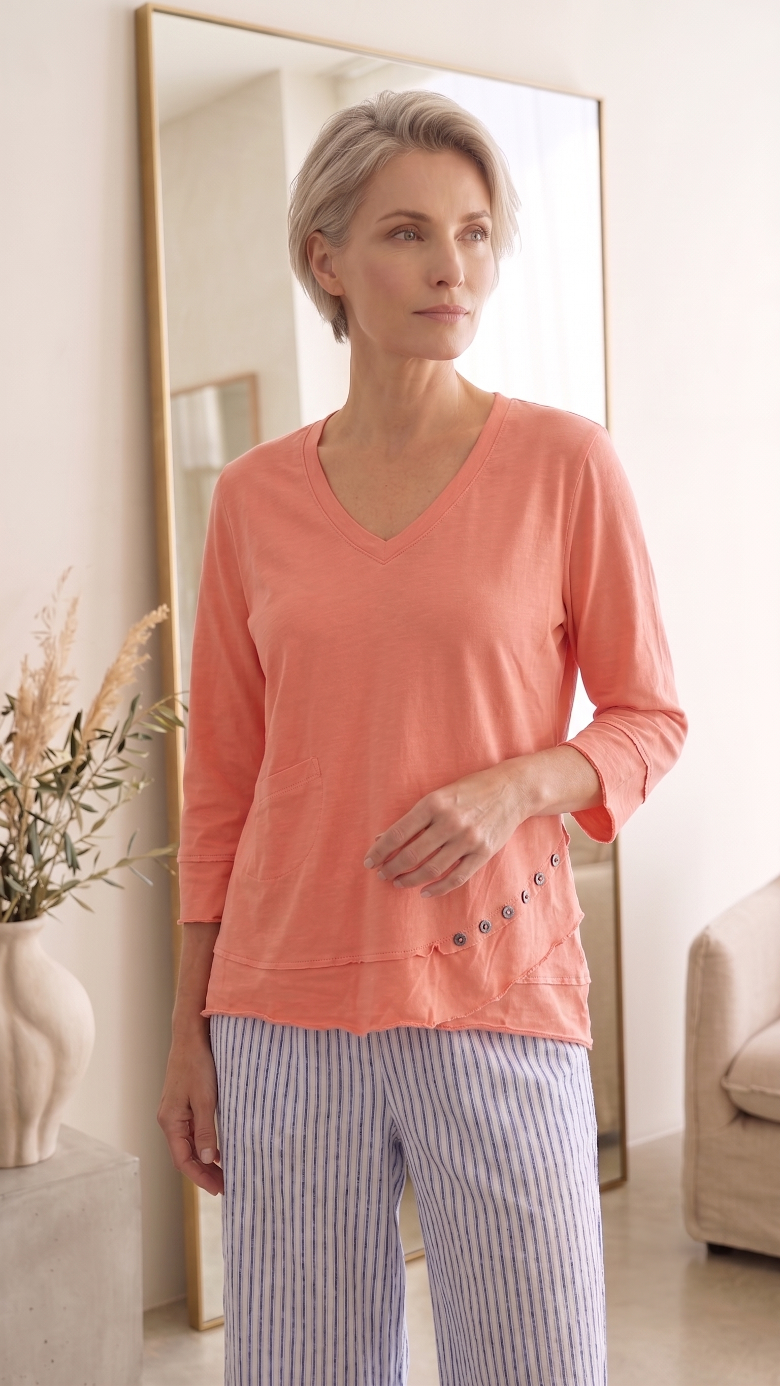 Style #1627-Wholesale Women's 100% Cotton ¾ Sleeve Side-Button Top